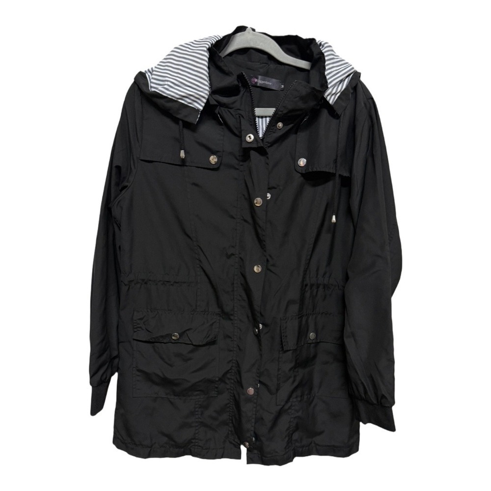 Bloggerlove Black Rain Jacket Light Weight Coat Removable Hood Size Medium